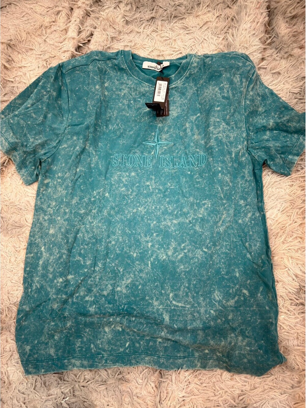 Stone Island Men's Large Teal Blue Acid Wash T-Shirt with Em
